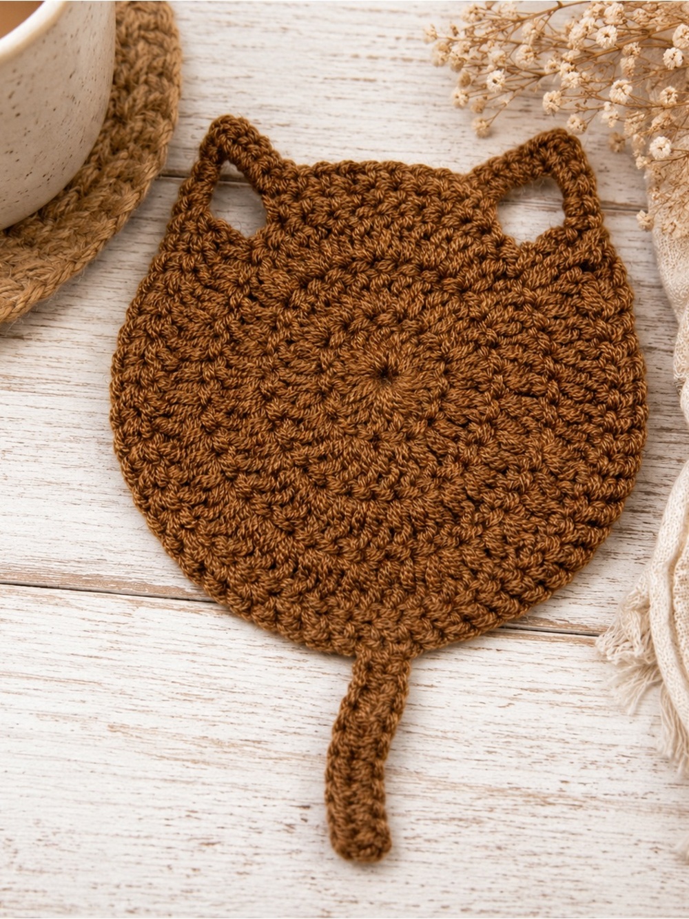 Brown Crochet Cat Coaster – New